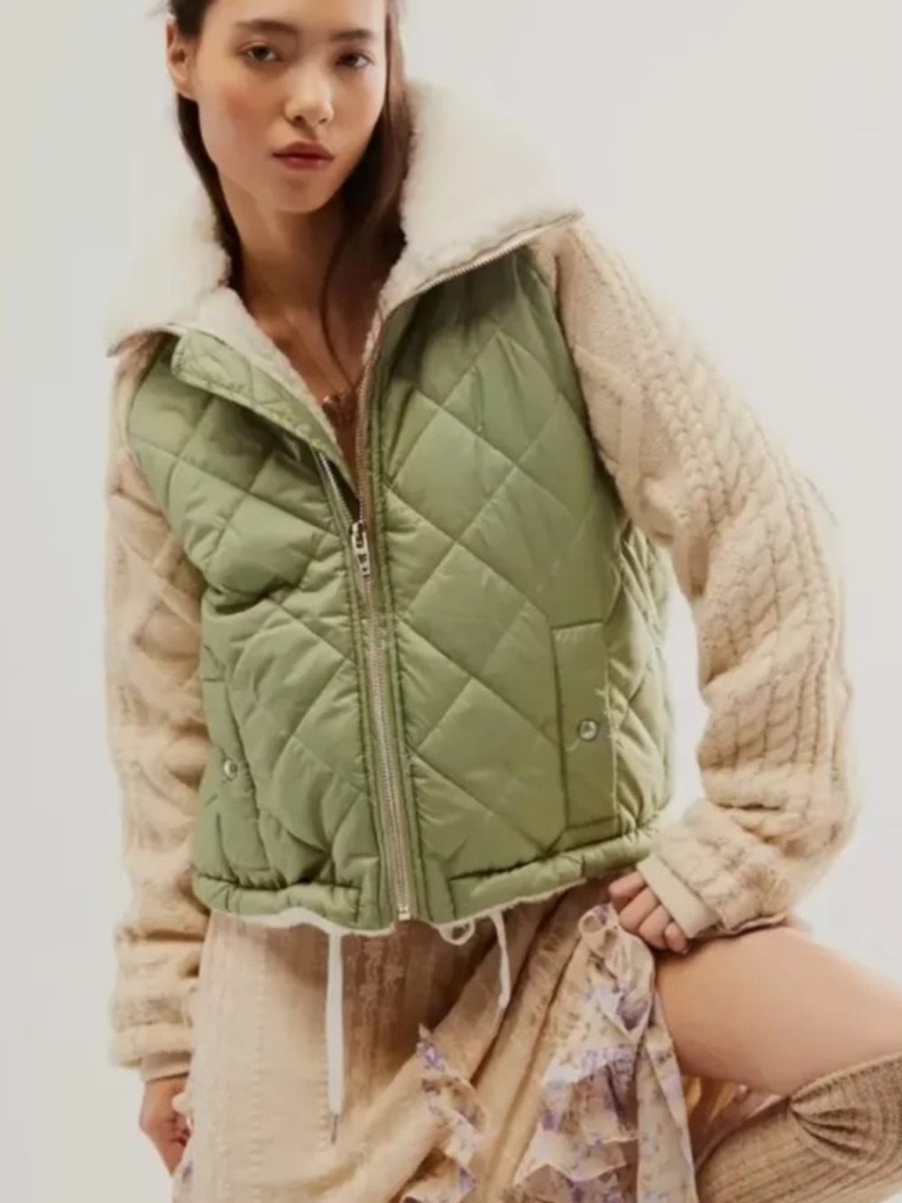 Free People BLANKNYC Going Public Quilted Jacket Cream Green Size Medium